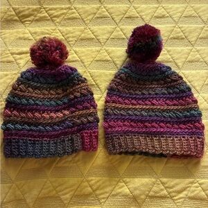 Sibling Set Hand-Knit Beanies with Pom Poms